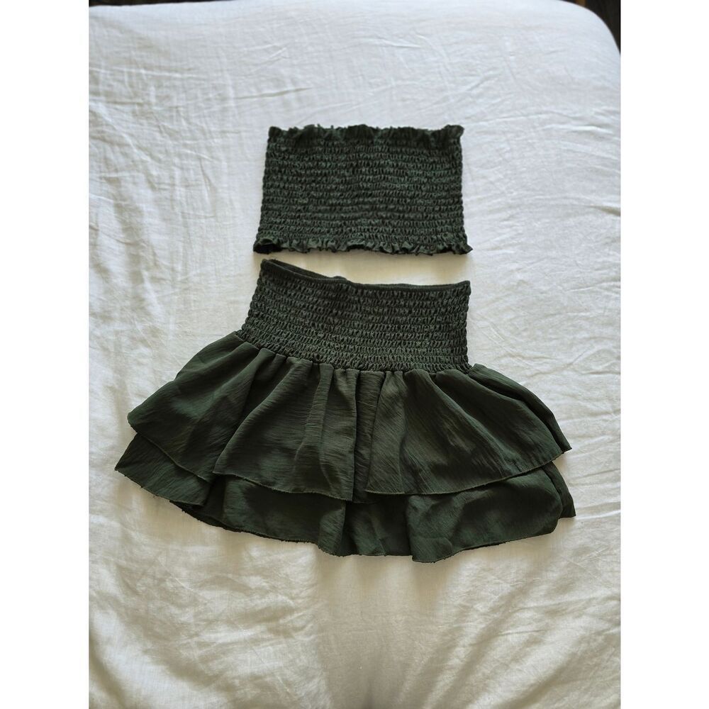 Smocked Olive Green Tiered Mini Skirt And Smocked Bandeau Set